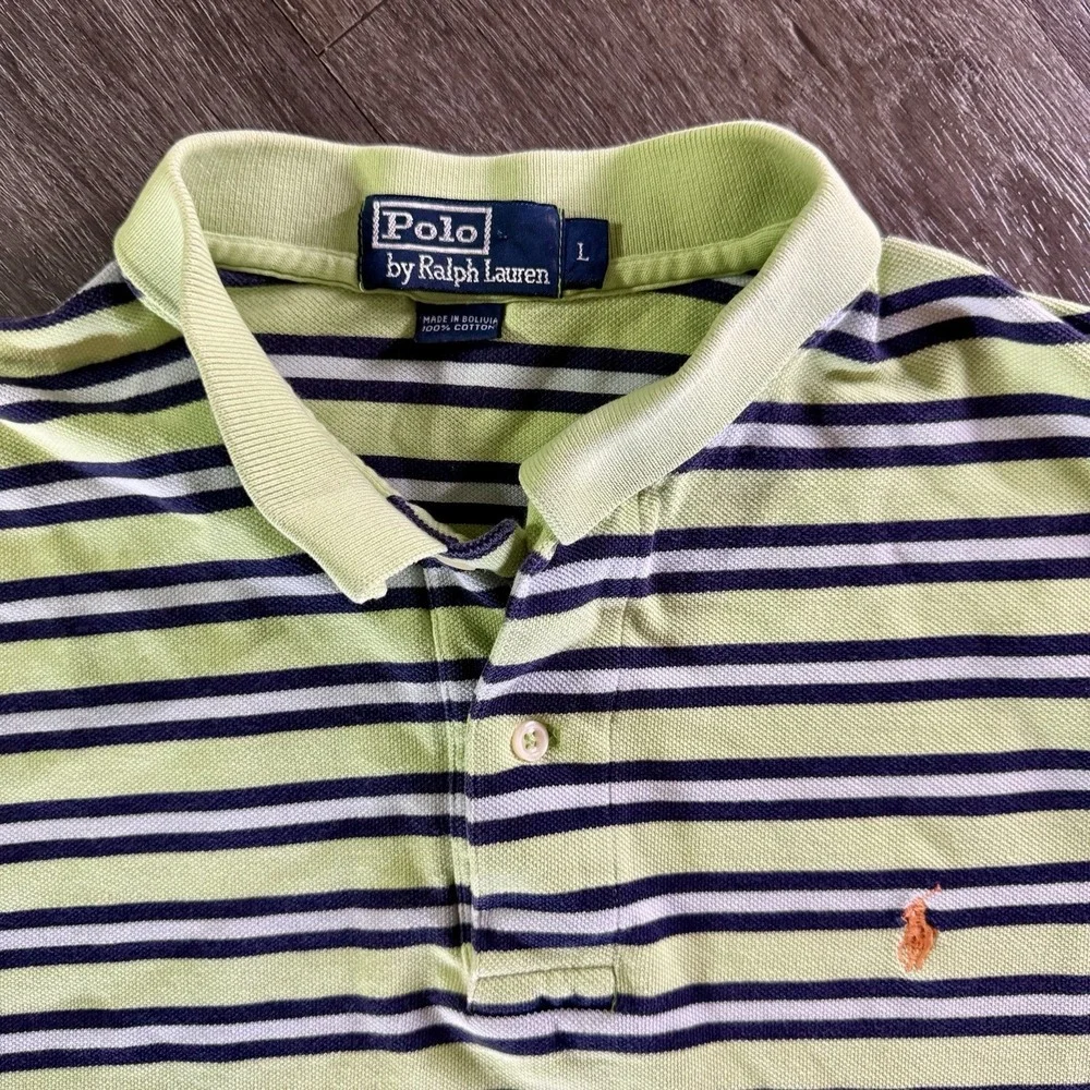 Polo Ralph Lauren‎ Striped Polo Mens L Yellow Navy Blue Pony Logo Cotton Pique